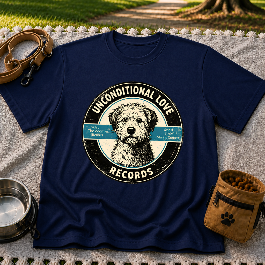 Navy T-shirt mockup featuring shaggy dog portrait on a record label with playful track names.