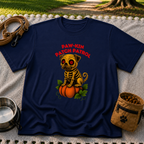 Paw-kin Patch Patrol Pug Halloween Dog Lover design on a Navy T-shirt.
