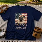 Navy T-shirt mockup featuring pug portrait against a distressed American flag with patriotic lettering.