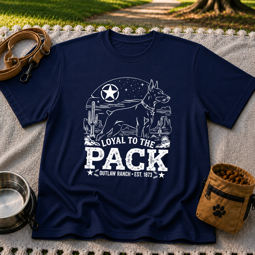 a ranch dog inside a “Loyal to the Pack” western badge. On a Navy T-shirt.