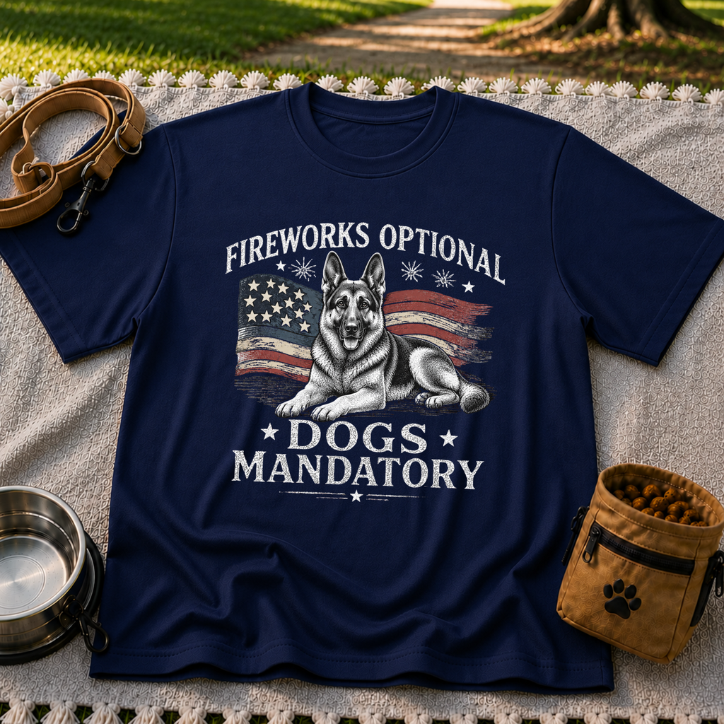 a German Shepherd beside “Fireworks optional, dogs mandatory”. On a Navy T-shirt.