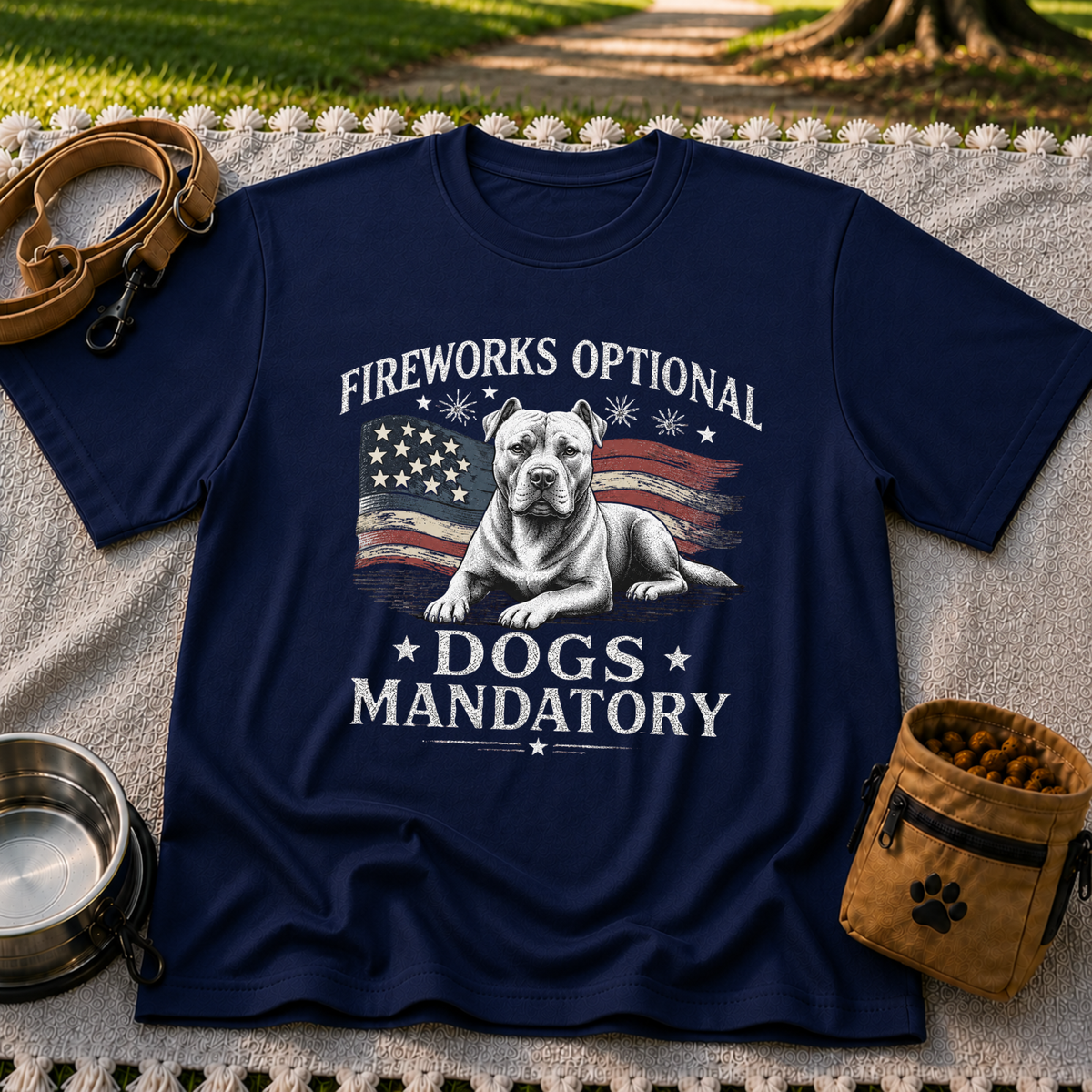 a pit bull beside “Fireworks optional, dogs mandatory”. On a Navy T-shirt.