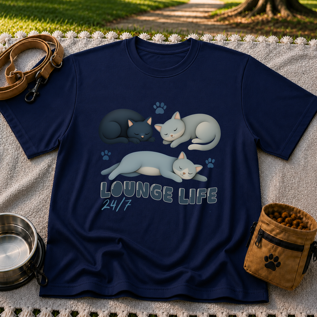 Lounge Life Cat design on a Navy T-shirt.