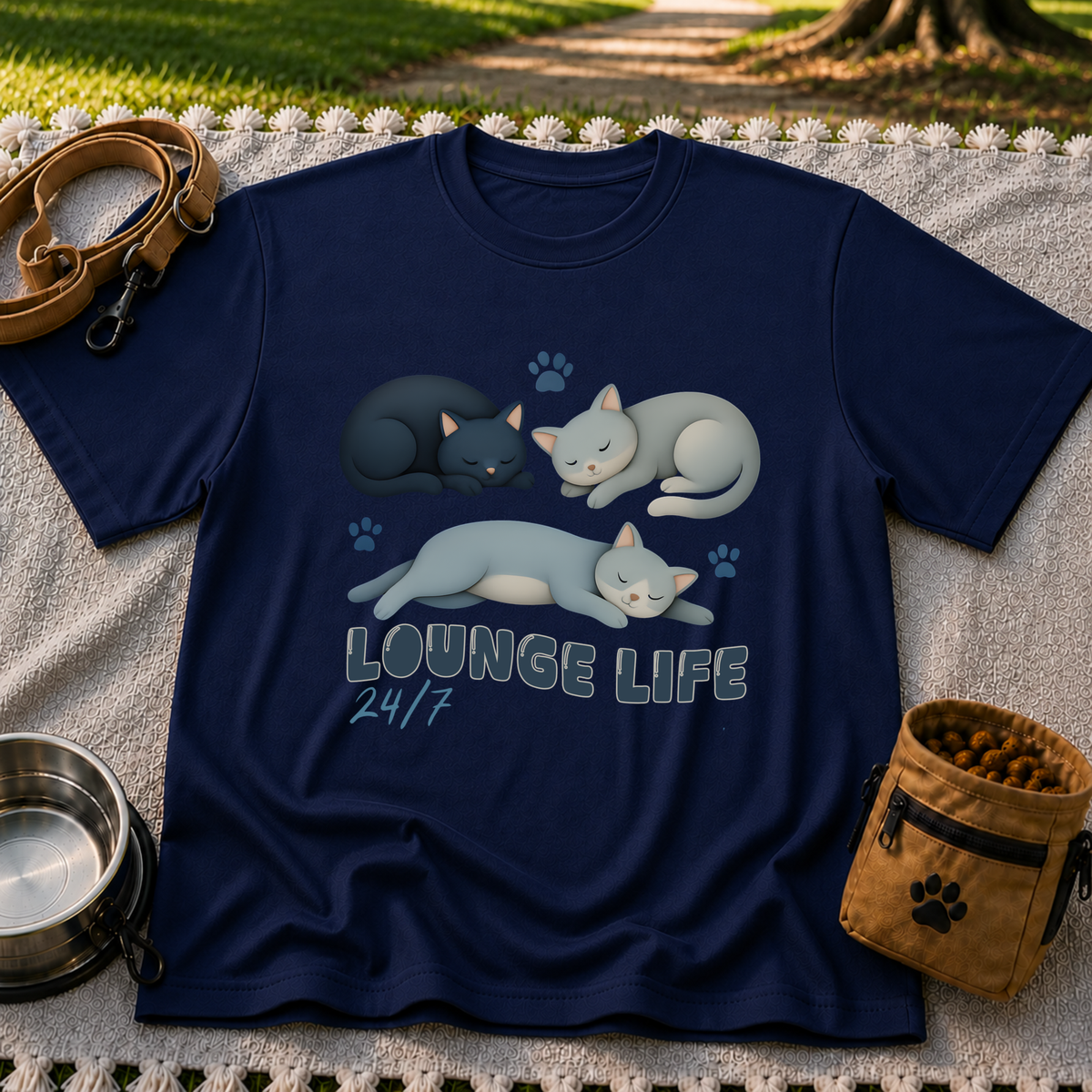 Lounge Life Cat design on a Navy T-shirt.