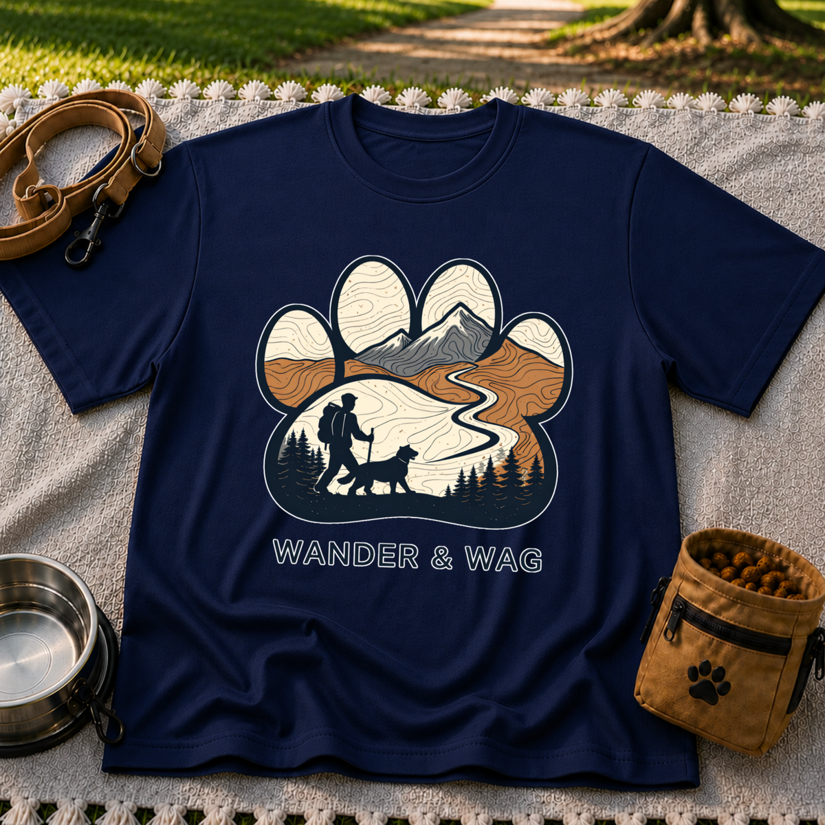 Navy T-shirt mockup featuring hiker and dog following a mountain trail framed inside a paw print.