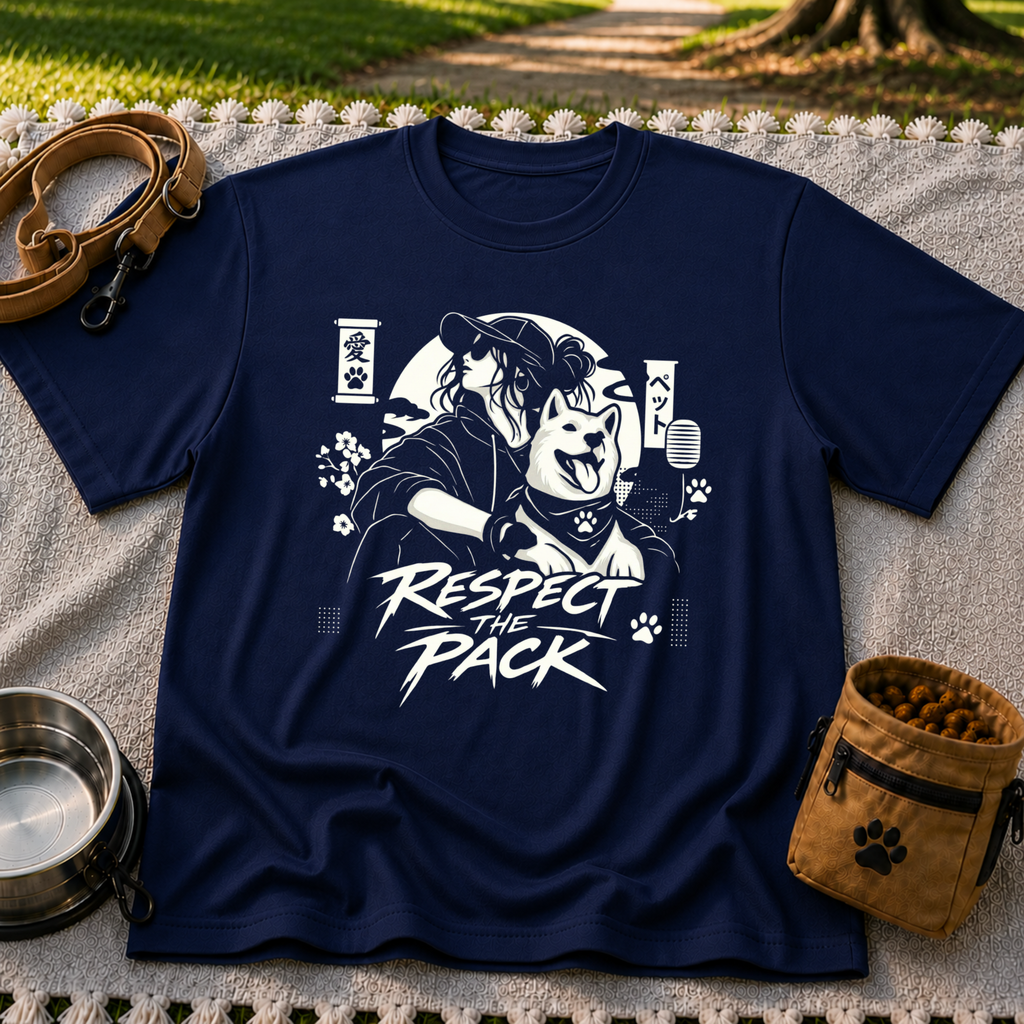 Navy T-shirt mockup featuring illustrated dog beside stylized lettering that reads Respect the Pack.