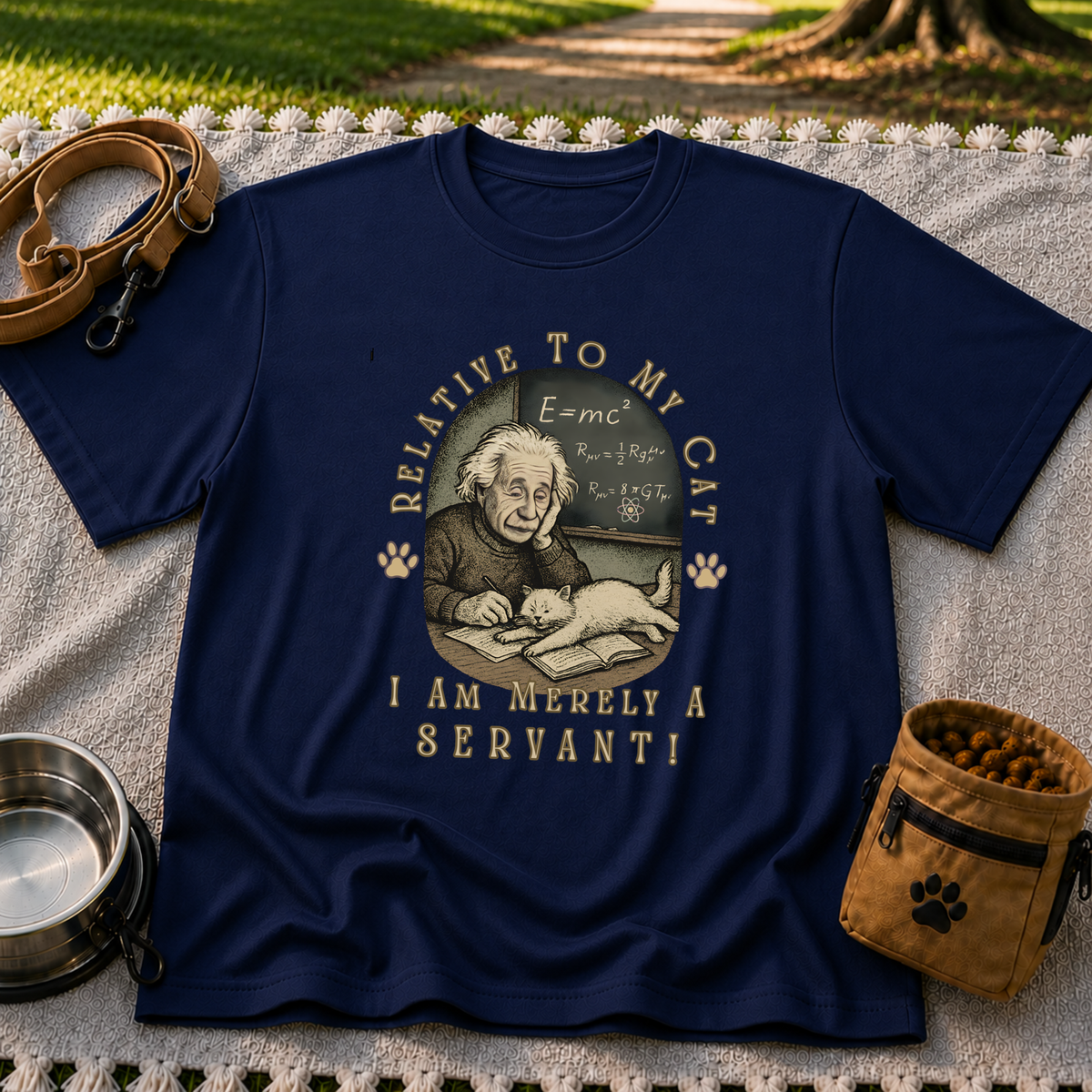 Relativity to My Cat Servant design on a Navy T-shirt.