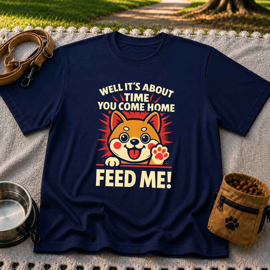 Shiba Inu Feed Me artwork on a Navy T-shirt.