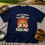 Shiba Inu Feed Me artwork on a Navy T-shirt.