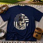 Navy T-shirt mockup featuring Blue Heeler portrait with a weathered American flag and stars.