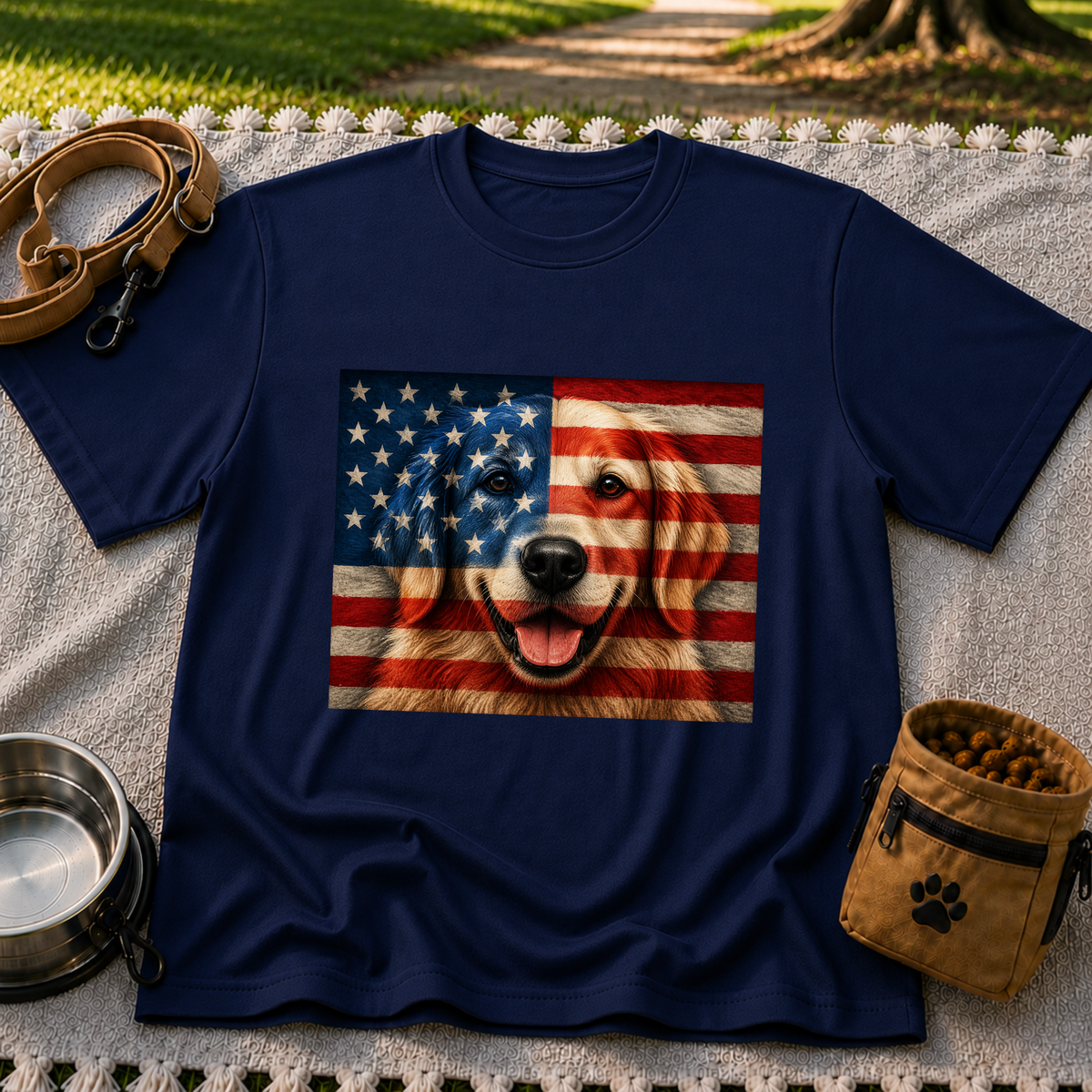 Patriotic Golden Retriever Flag design on a Navy T-shirt.