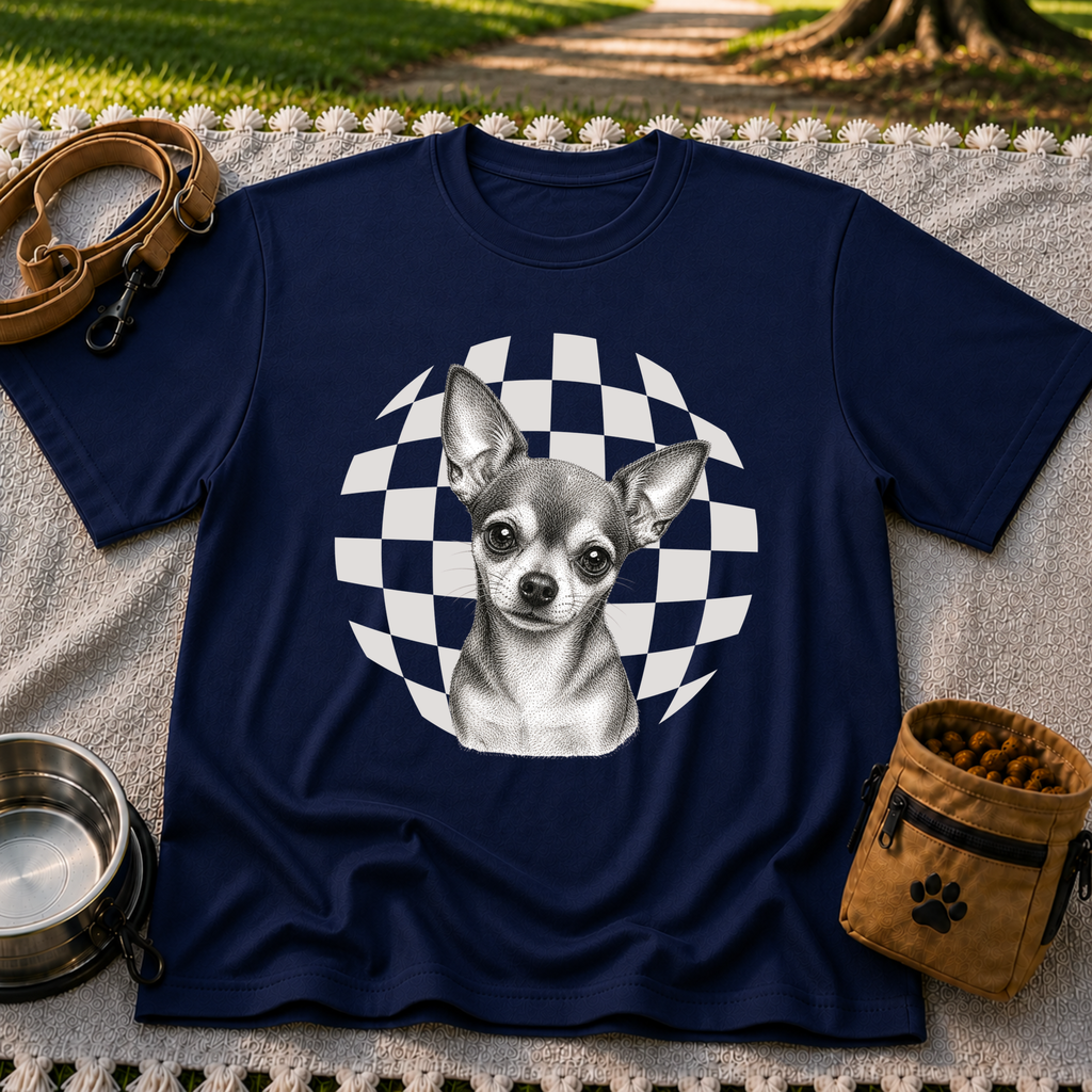 Sweet Chihuahua Portrait artwork on a Navy T-shirt.