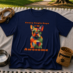 Navy T-shirt mockup featuring faceted multicolor French Bulldog portrait with Every Angle Says I’m Awesome lettering.