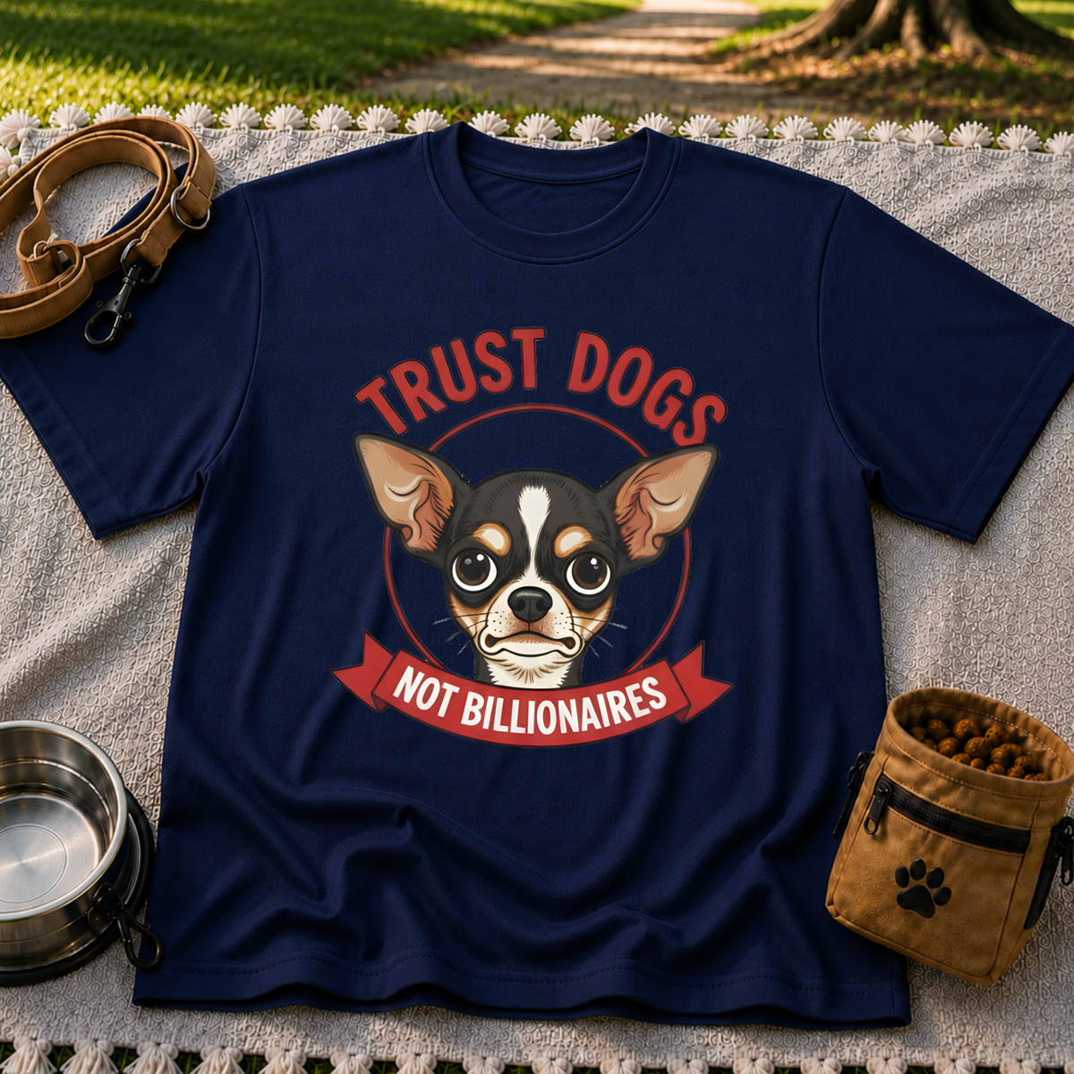 Navy T-shirt mockup featuring Chihuahua portrait above a red Trust Dogs Not Billionaires banner.