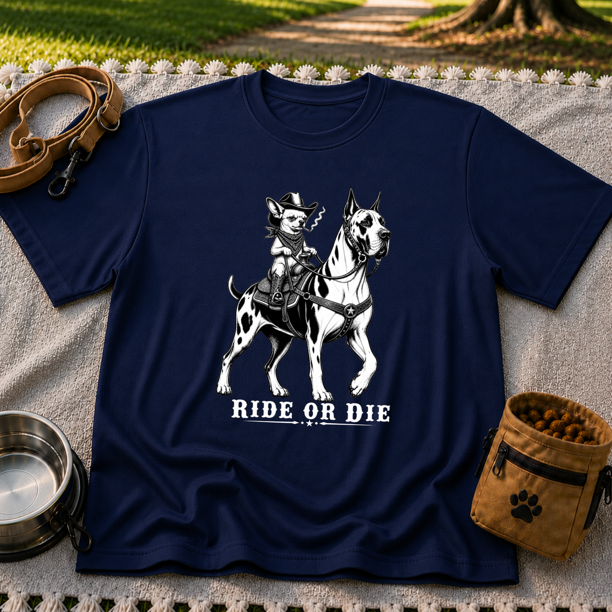 Navy T-shirt mockup featuring cowboy-hat Chihuahua riding a Great Dane above Ride or Die lettering.