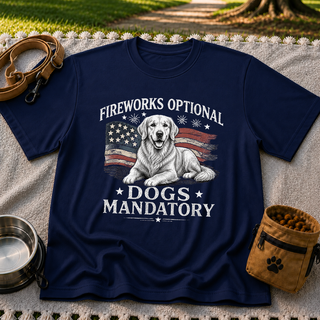 a Golden Retriever beside “Fireworks optional, dogs mandatory”. On a Navy T-shirt.