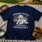 a Golden Retriever beside “Fireworks optional, dogs mandatory”. On a Navy T-shirt.