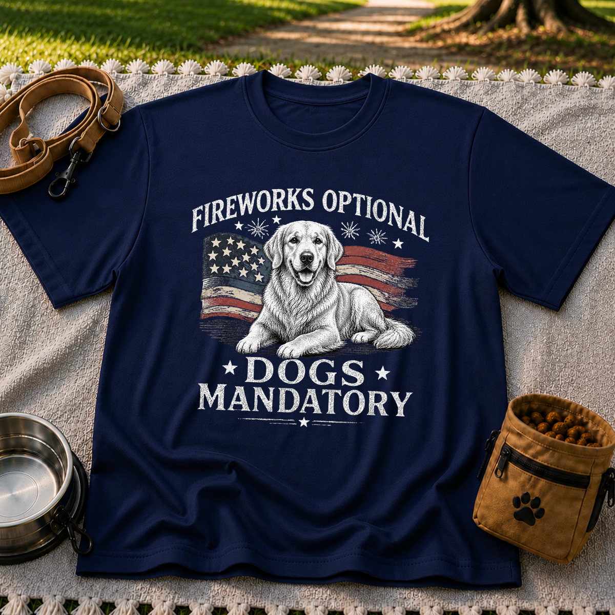 a Golden Retriever beside “Fireworks optional, dogs mandatory”. On a Navy T-shirt.