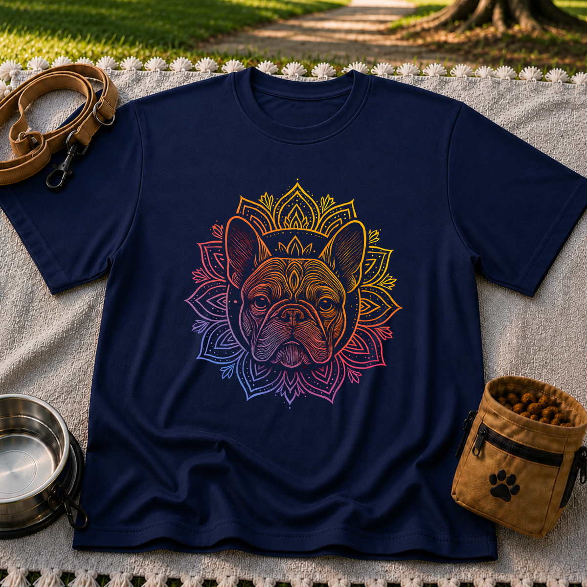 Bohemian French Bulldog Mandala artwork on a Navy T-shirt.