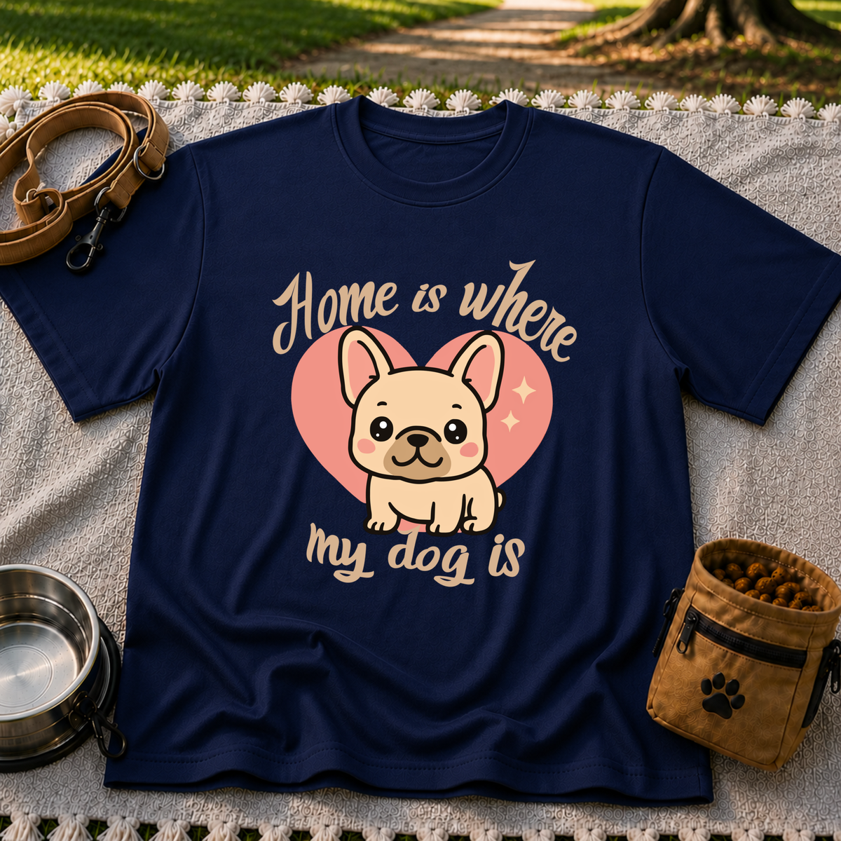 Home Is Where My Dog Is Frenchie Dog design on a Navy T-shirt.