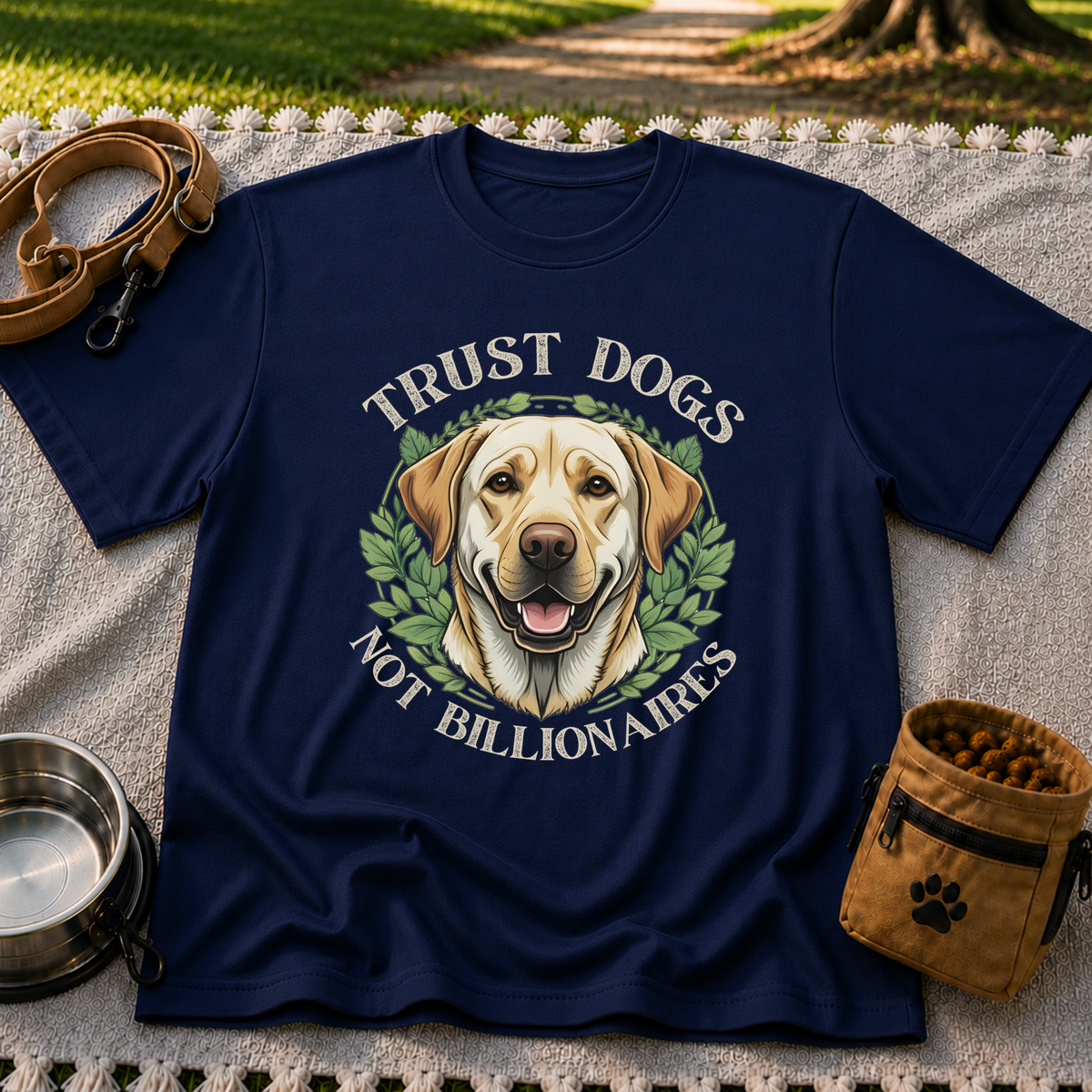 a Labrador portrait framed by “Trust Dogs Not Billionaires”. On a Navy T-shirt.