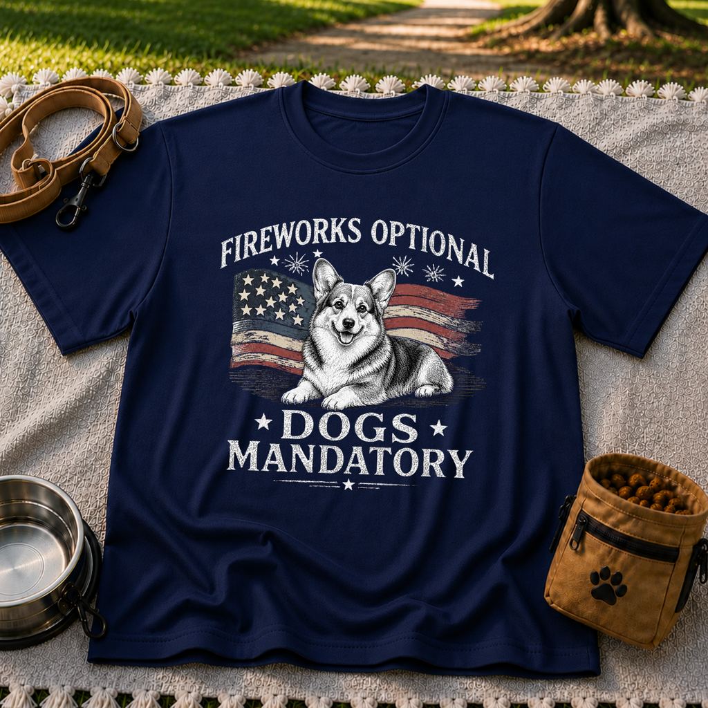 a Corgi beside “Fireworks optional, dogs mandatory”. On a Navy T-shirt.