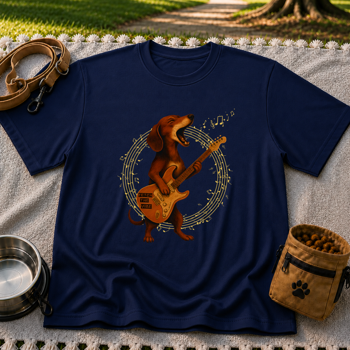 Rockin’ Dachshund Guitar artwork on a Navy T-shirt.
