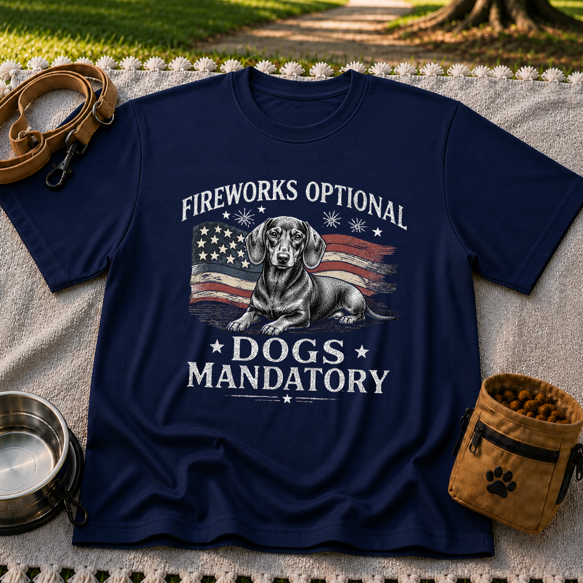 a Dachshund beside “Fireworks optional, dogs mandatory”. On a Navy T-shirt.
