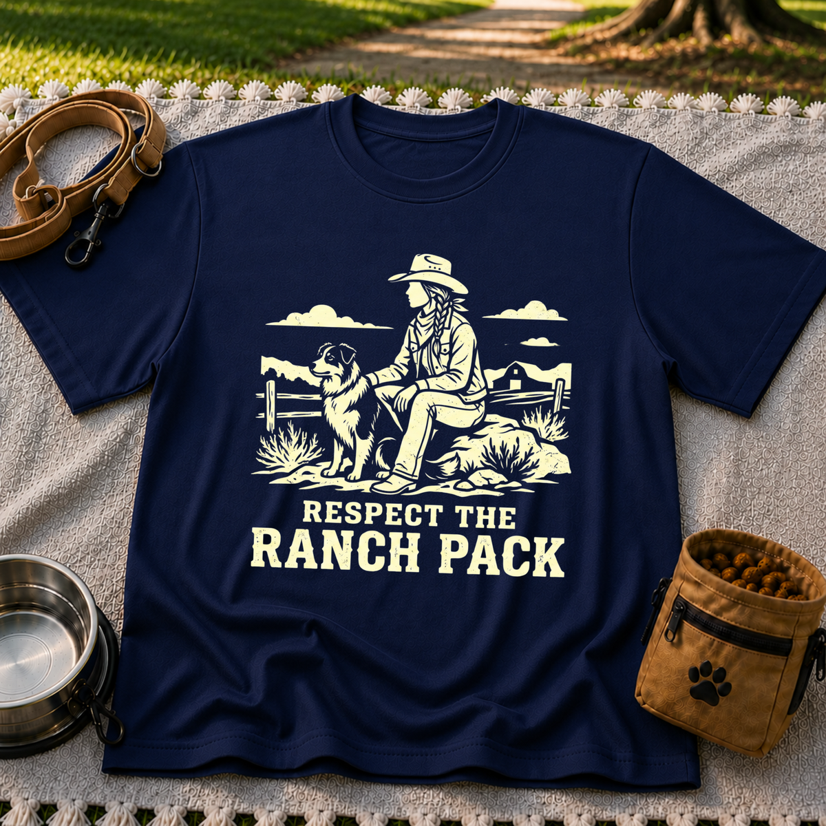 Navy T-shirt mockup featuring western ranch scene with a rider, dog, open landscape, and Respect the Ranch Pack lettering.