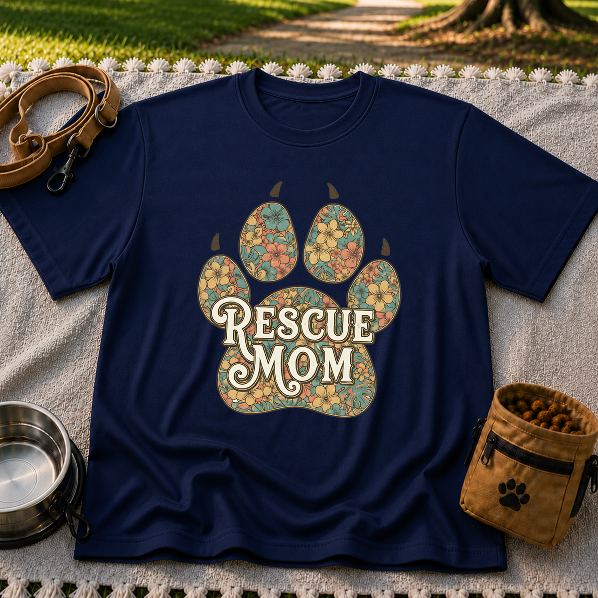 Rescue Mom Floral Paw Print design on a Navy T-shirt.