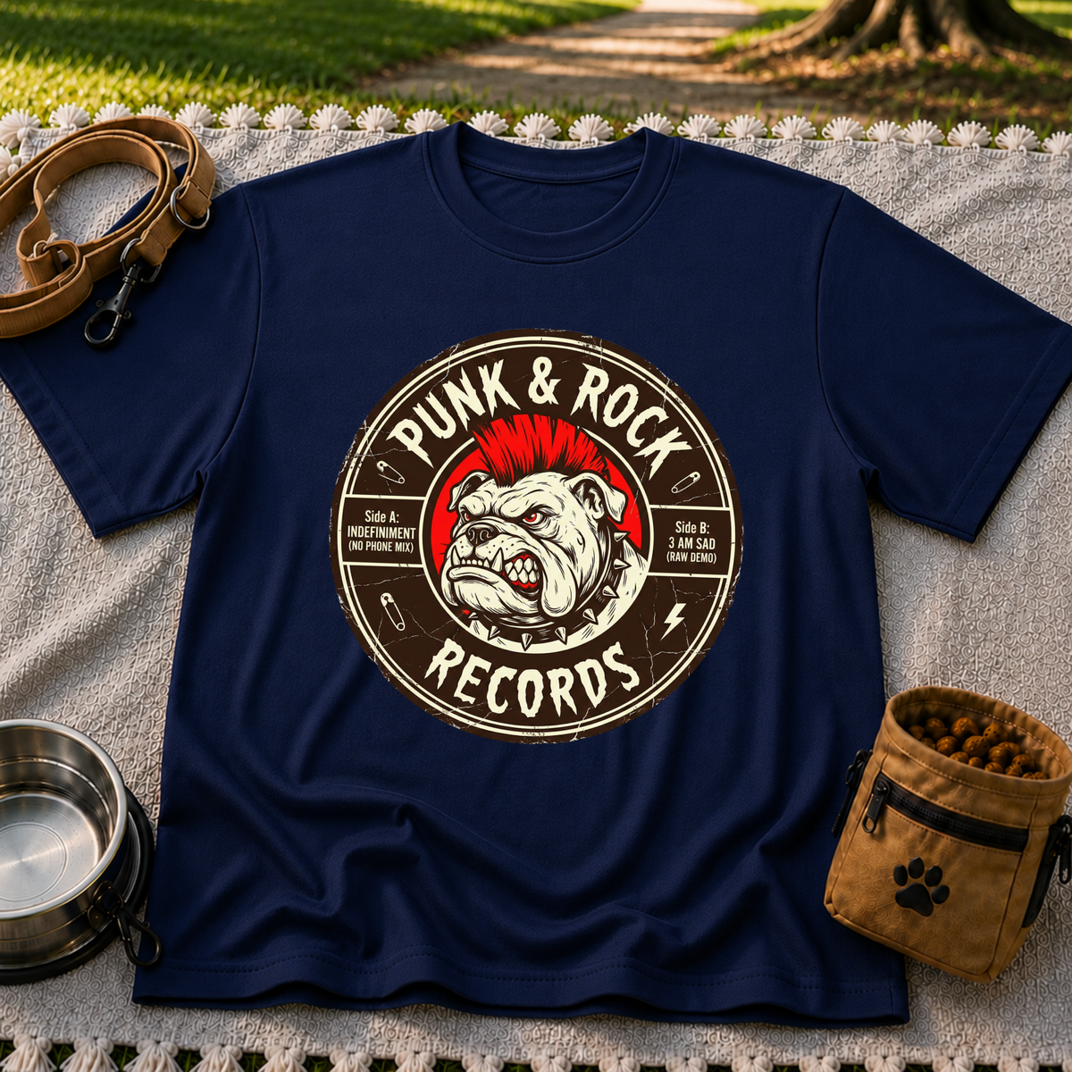 Punk & Rock Bulldog Records design on a Navy T-shirt.