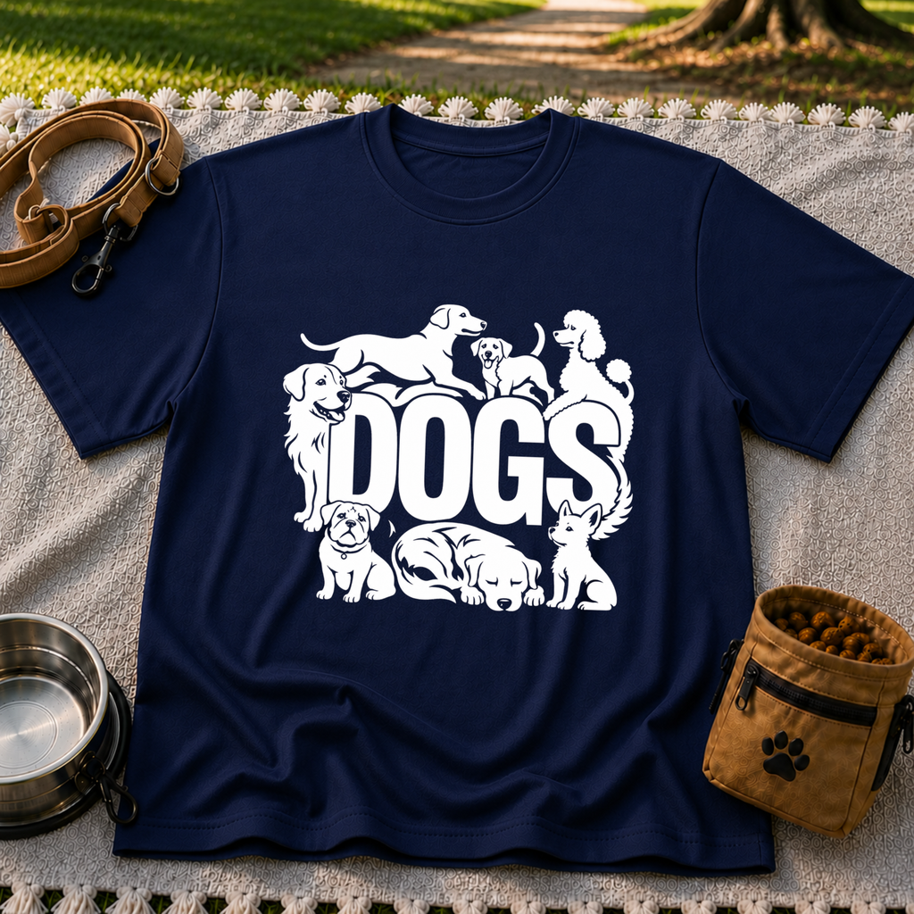 the word “Dogs” surrounded by several dog portraits. On a Navy T-shirt.
