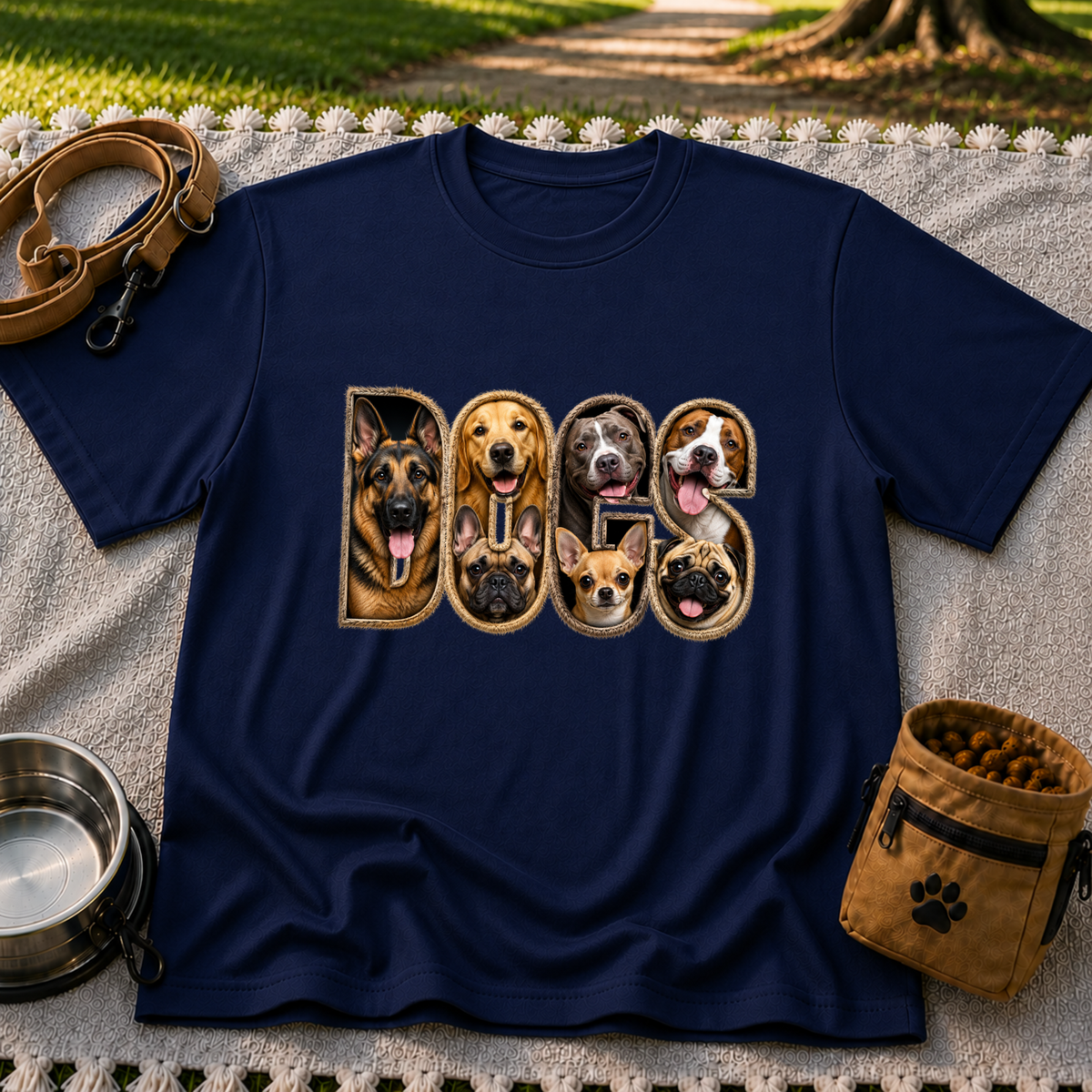 Dogs Dogs Dogs Dog Lover design on a Navy T-shirt.