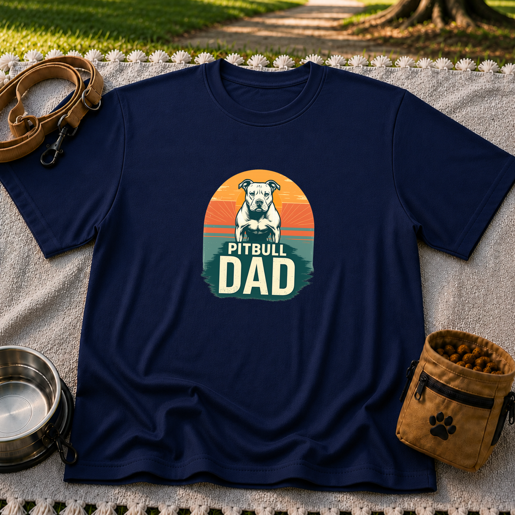 Vintage Pitbull Dad design on a Navy T-shirt.