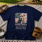 Navy T-shirt mockup featuring pit bull portrait in front of a weathered American flag.