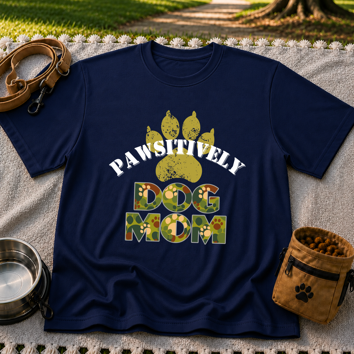 “Pawsitively Dog Mom” lettering in a camouflage treatment. On a Navy T-shirt.