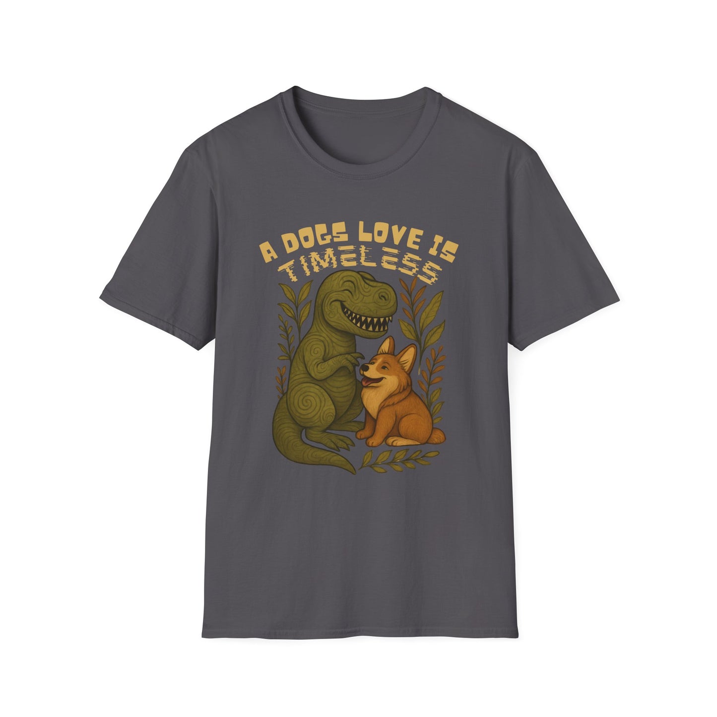 Timeless Love T-Shirt, Cute Dino and Dog Design, Pet Lover Gift, Unisex Apparel, Animal Lover Shirt, Casual Wear, Gift for Dog Owners