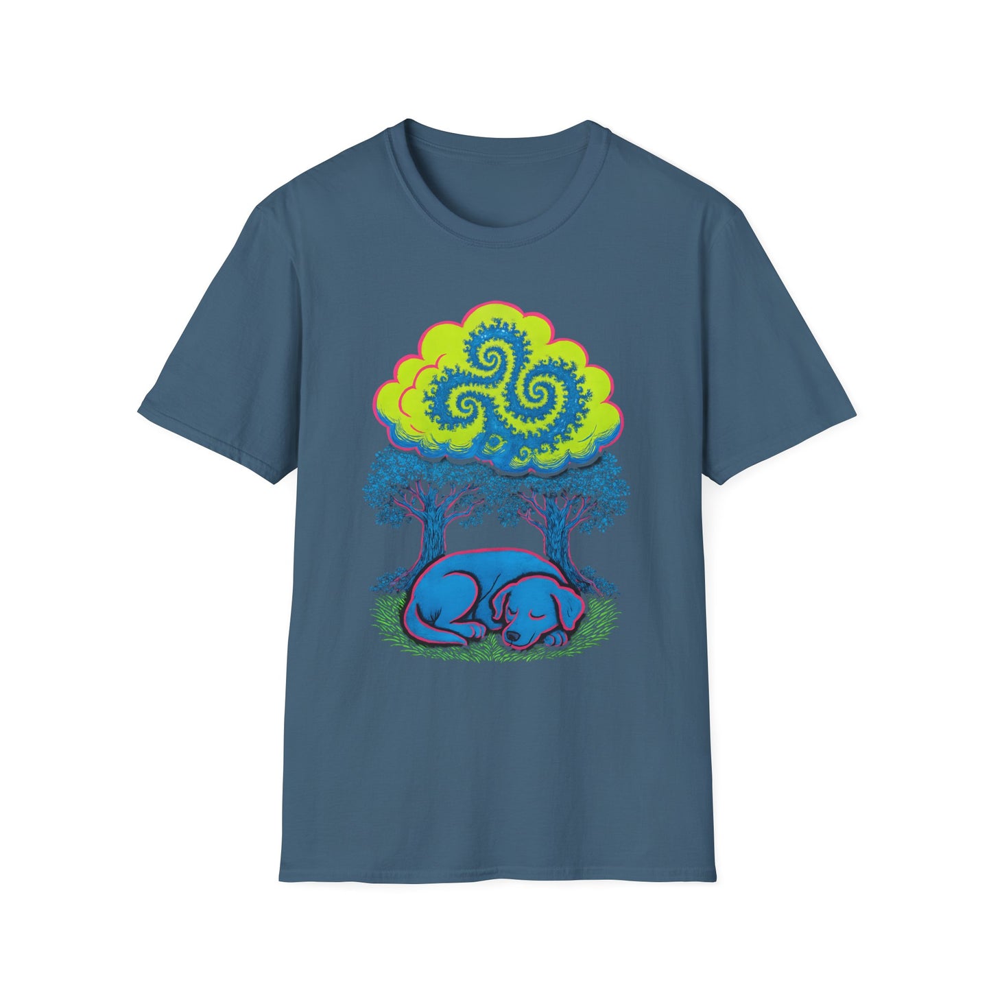 Psychedelic Sleeping Dog T-Shirt with Trippy Fractals, Gift for Nature Lovers, Unisex Tee, Festival Wear, Boho Style, Eco-Friendly Clothing