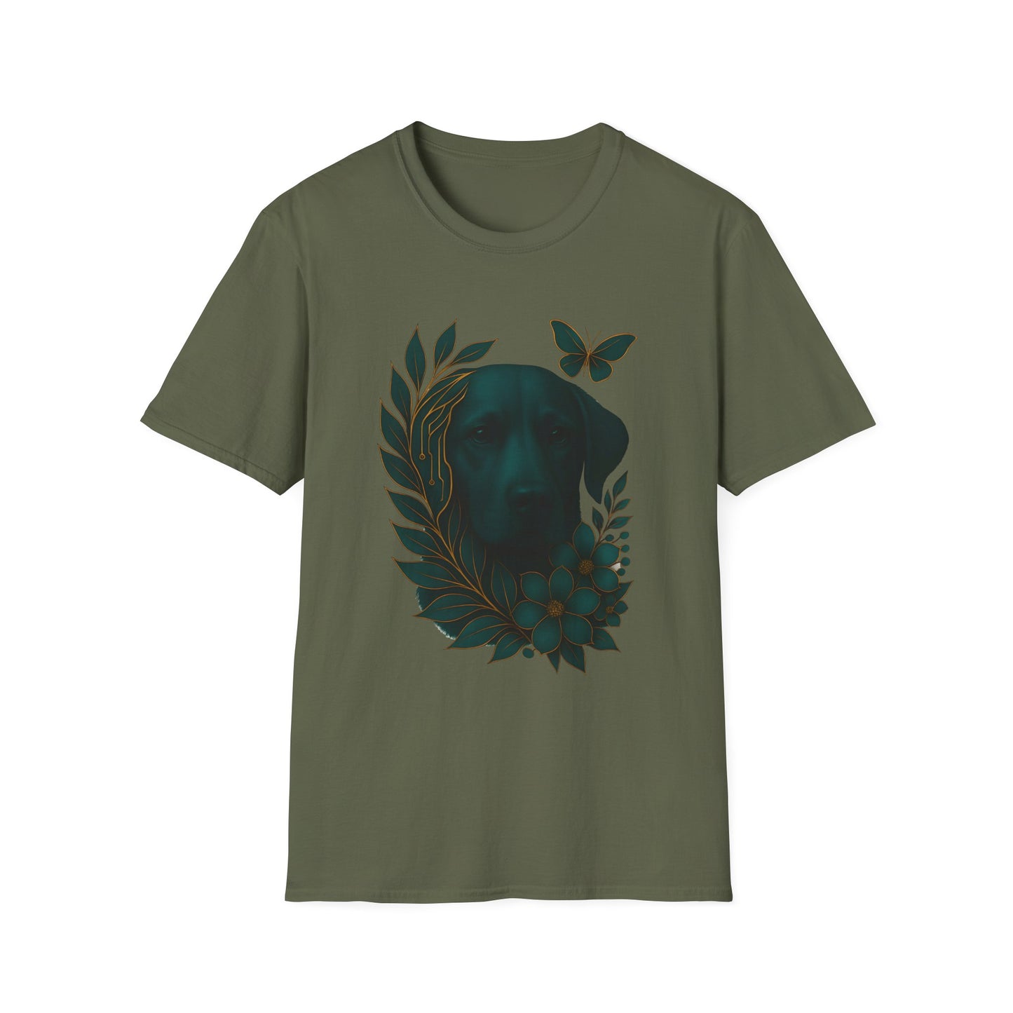 Cyber Floral Dog Silhouette T-Shirt - Unisex Softstyle Tee, Pet Lover Gift, Nature-Inspired Apparel, Casual Wear, Birthday Gift, Spring Fashion