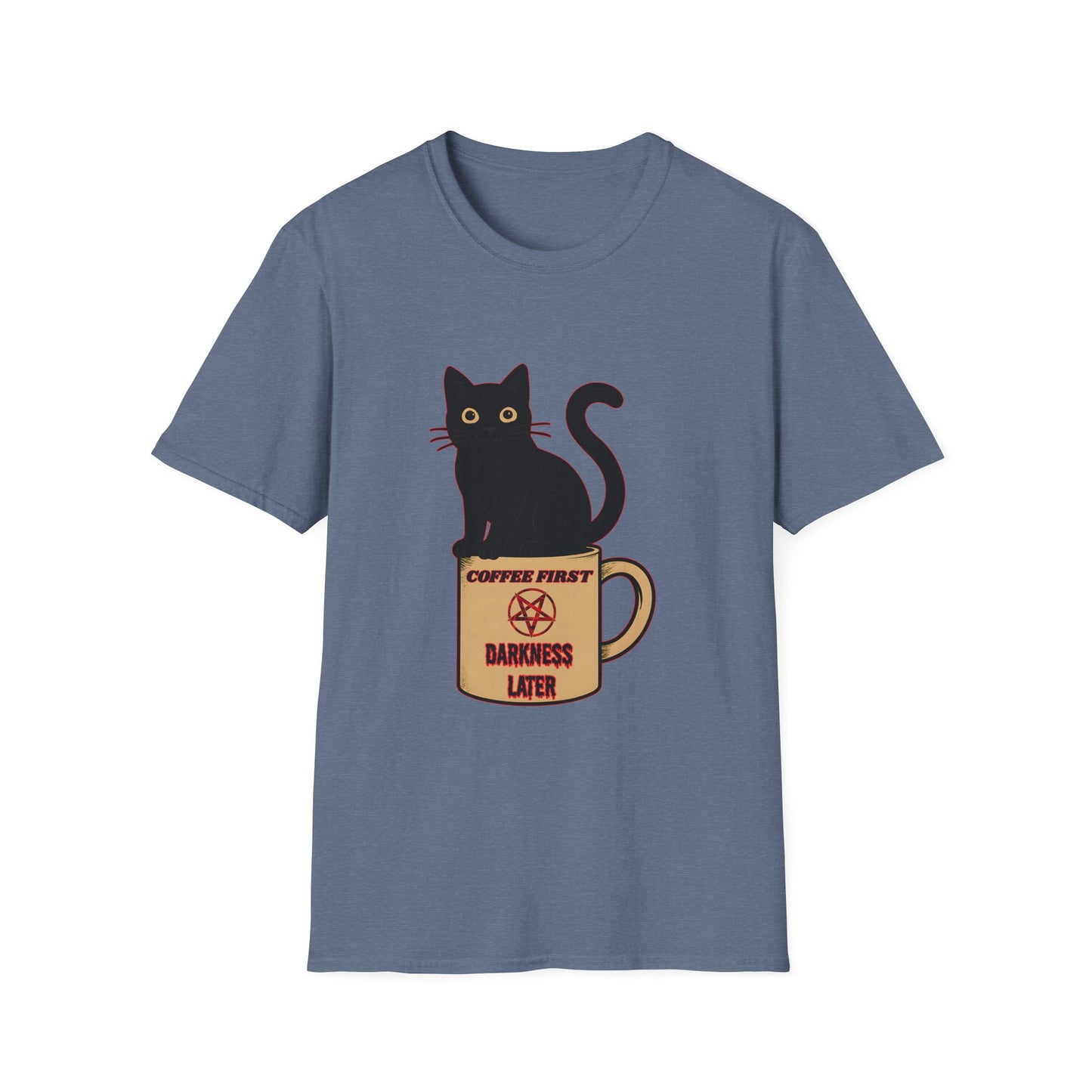 Coffee First, Darkness Later Cat T-Shirt, Unisex Tee for Cat Lovers, Perfect Gift for Halloween, Casual Wear, Comfortable Cotton Tee