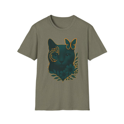 Cyber Floral Cat T-Shirt – Futuristic Cat Lover Tee, Nature Inspired Tee, Animal Print Shirt, Butterfly Art Design
