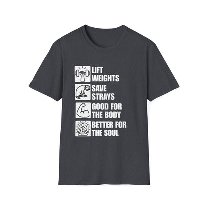 Lift Weights Save Strays T-Shirt | Fitness Dog Rescue Tee