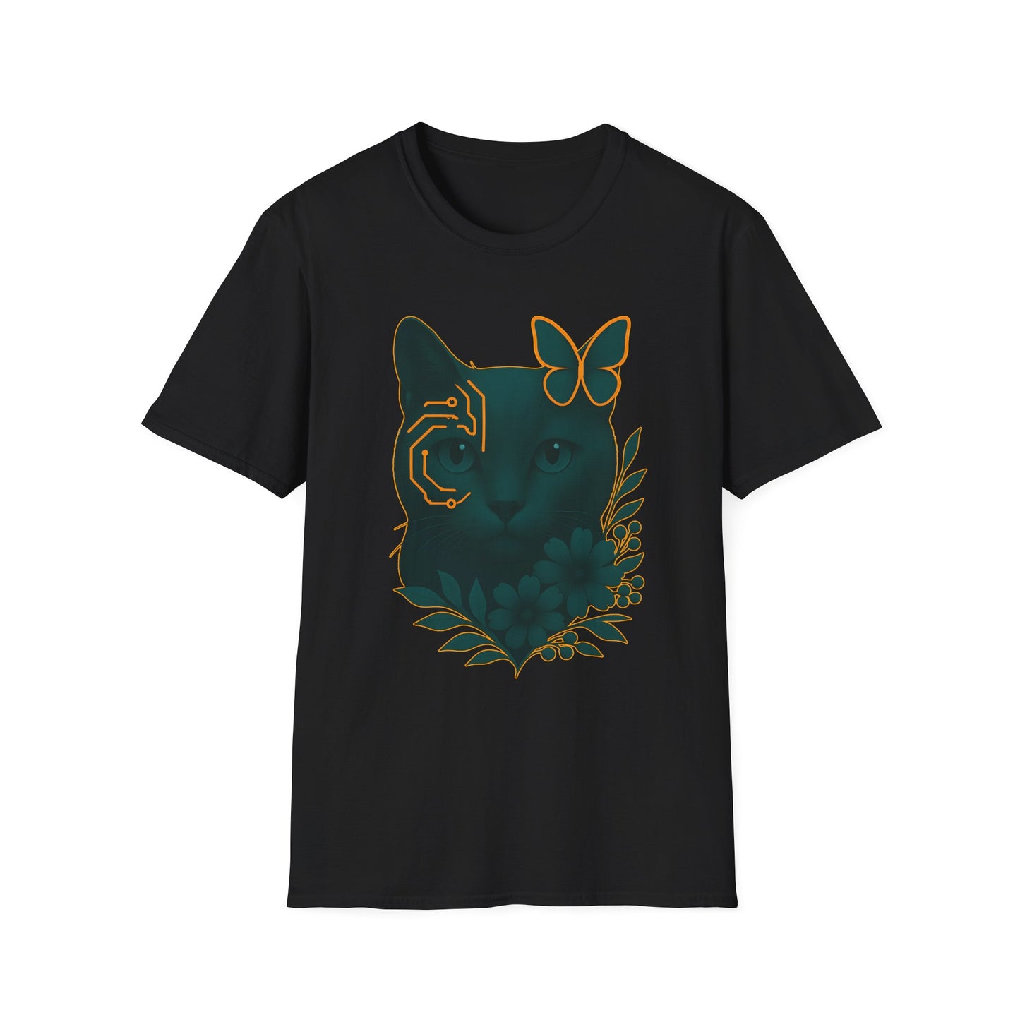 Cyber Floral Cat T-Shirt – Futuristic Cat Lover Tee, Nature Inspired Tee, Animal Print Shirt, Butterfly Art Design