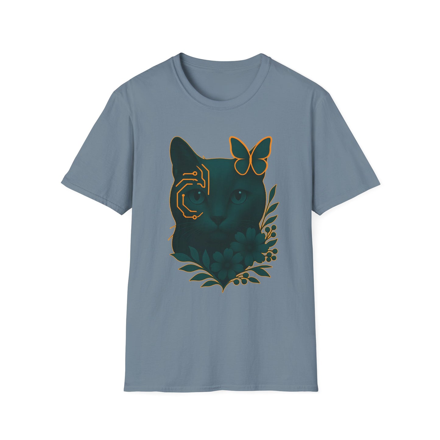 Cyber Floral Cat T-Shirt – Futuristic Cat Lover Tee, Nature Inspired Tee, Animal Print Shirt, Butterfly Art Design
