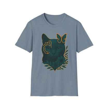 Cyber Floral Cat T-Shirt – Futuristic Cat Lover Tee, Nature Inspired Tee, Animal Print Shirt, Butterfly Art Design