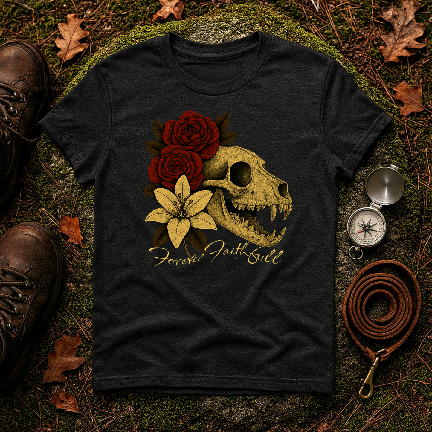 Forever Faithful Dog Skull Floral Gothic T-Shirt