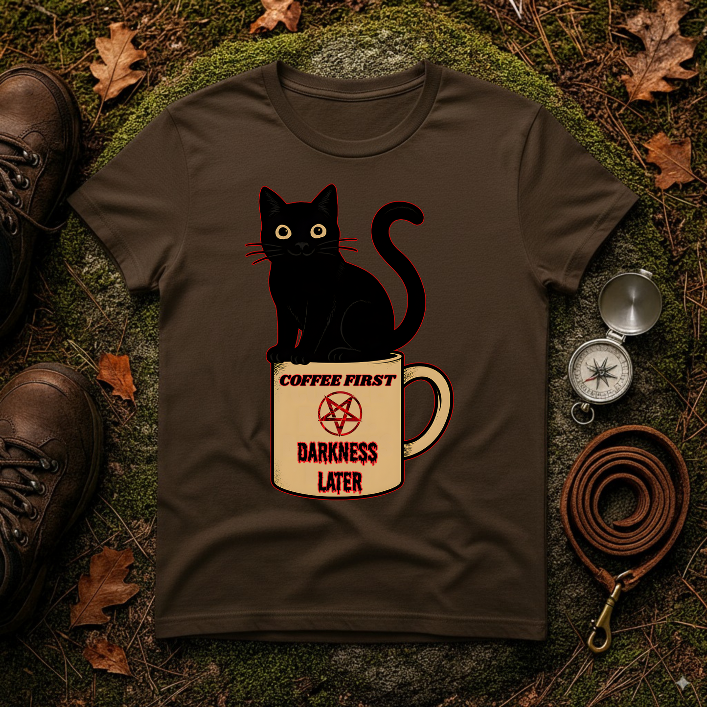 Coffee First, Darkness Later Cat T-Shirt, Unisex Tee for Cat Lovers, Perfect Gift for Halloween, Casual Wear, Comfortable Cotton Tee
