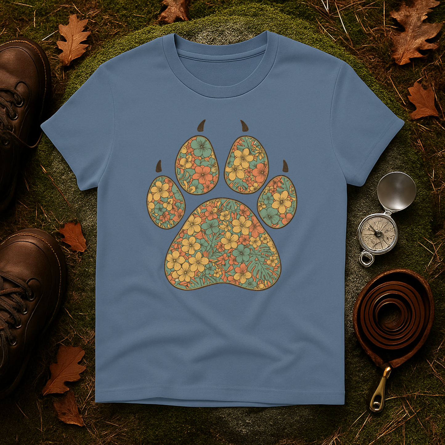 Vintage Tropical Floral Paw Print T-Shirt | Dog Lover Graphic Tee