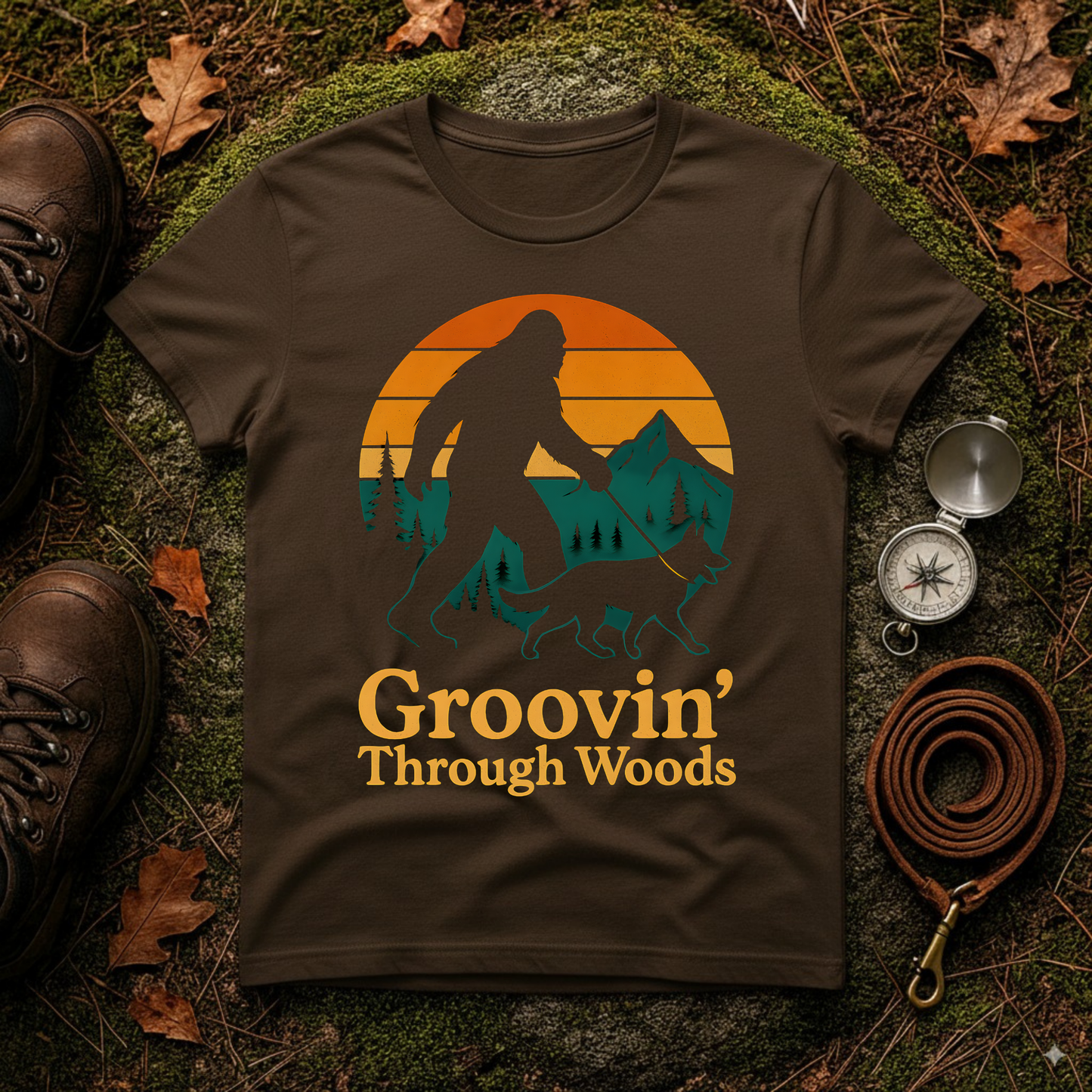 Bigfoot Walking Dog T-Shirt Funny Hiking Pet Lover Tee, Nature Lover Gift, Outdoor Enthusiast Apparel, Groovin' Through Woods Shirt