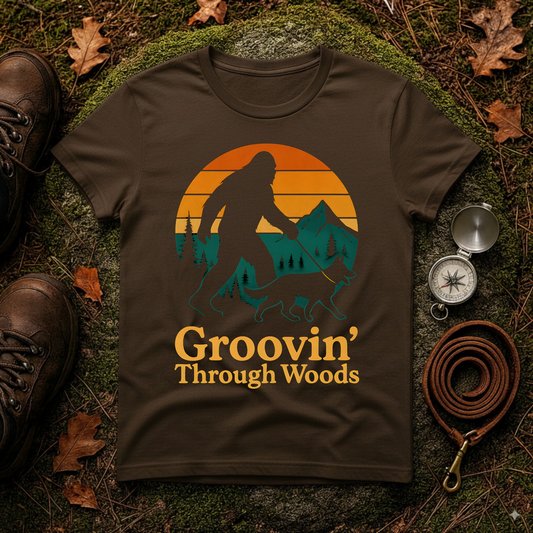 Bigfoot Walking Dog T-Shirt Funny Hiking Pet Lover Tee, Nature Lover Gift, Outdoor Enthusiast Apparel, Groovin' Through Woods Shirt